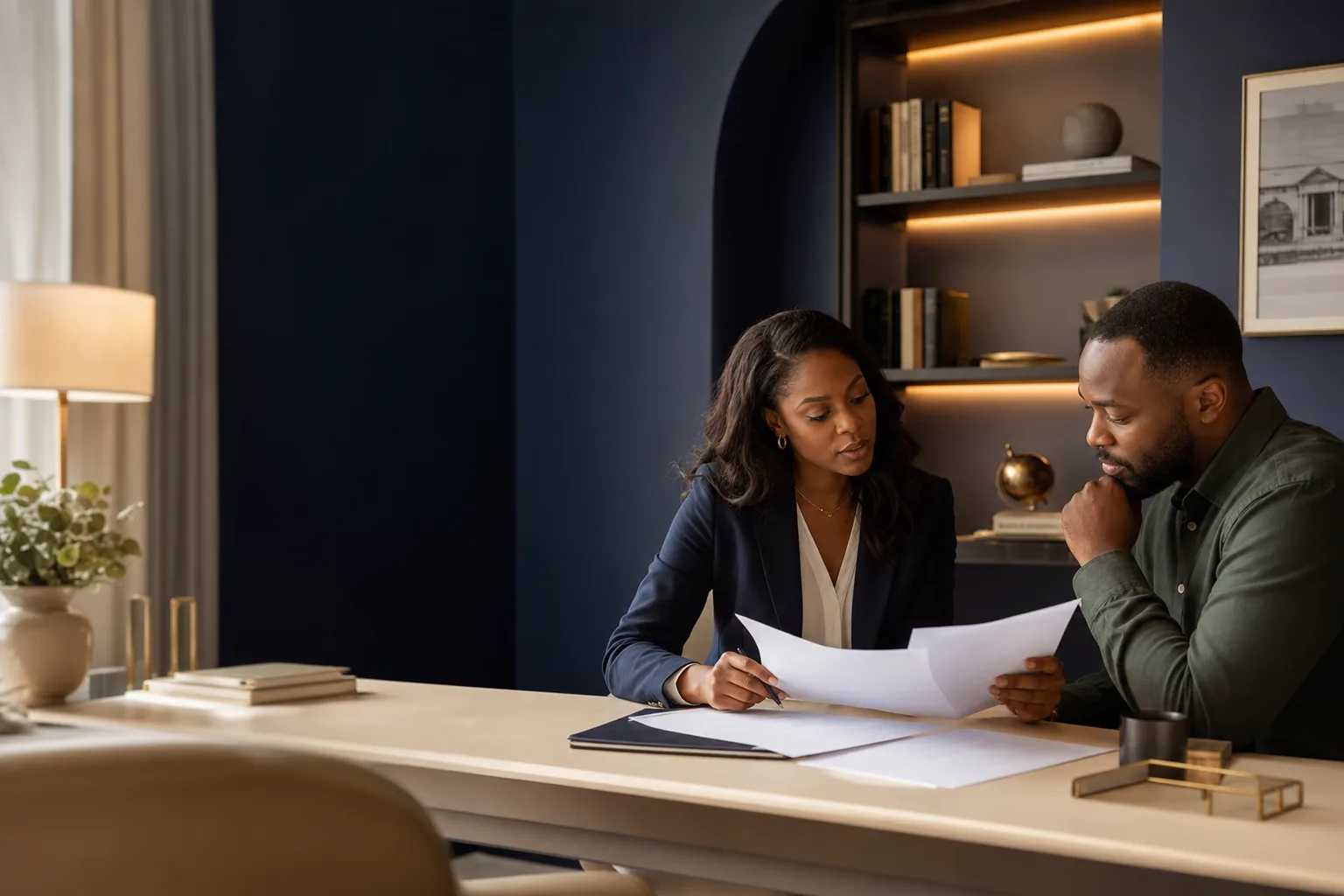 Illustrative professional document consultation in a refined office